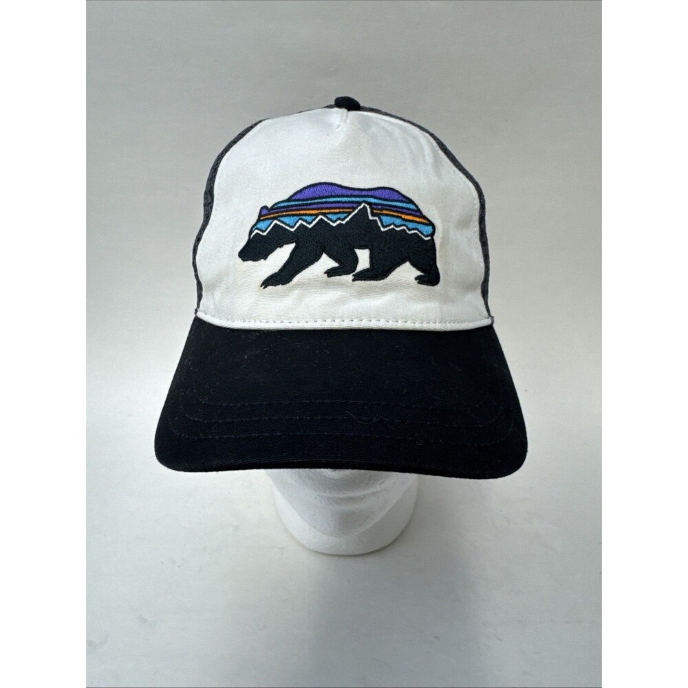 Patagonia Unisex Mesh Trucker Snapback Hat Bear Logo Gray White Blue